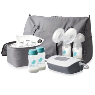 Evenflo Deluxe Advanced double electric breast pump with complete kit including bag, cooler, bottles, and flanges on white background