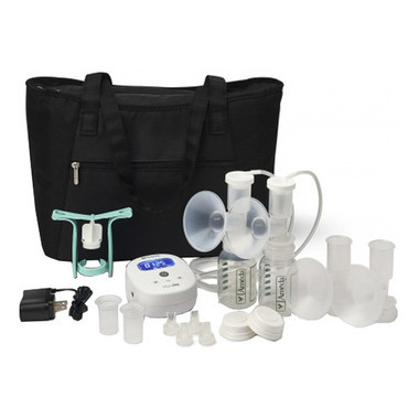 Complete Ameda Mya Joy kit including pump, large tote bag, cooler bag, bottles, flanges, and manual pump