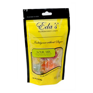 Eda's sugar-free sour mix hard candy in a clear bag