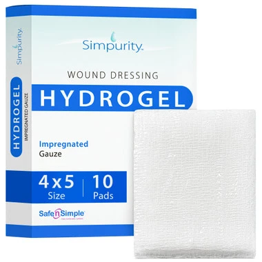 Safe N' Simple 4x5 impregnated hydrogel gauze dressing packaging