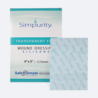 Safe n' Simple 4x5 transparent film silicone dressing packaging