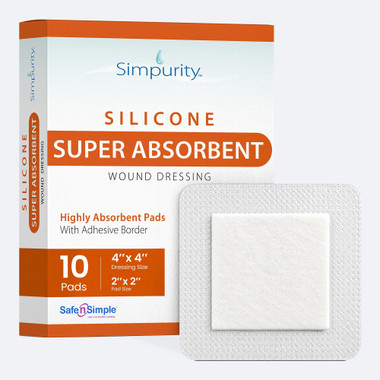 Safe N' Simple super absorbent dressing showcasing its 2x2 pad and 4x4 border size