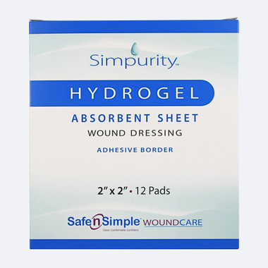 Safe n' Simple 2x2 hydrogel dressing with adhesive border packaging