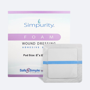 Safe N' Simple 6x6 foam wound dressing with adhesive border packaging
