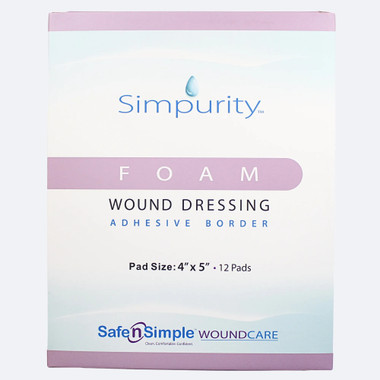 Safe N' Simple 4x5 foam wound dressing with adhesive border packaging