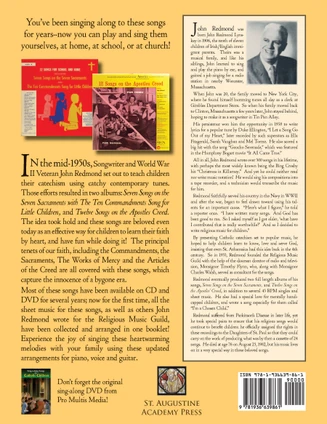 Back cover of Catholic Songs for Children, a collection of 30 Catholic songs arranged for piano, voice, and guitar.