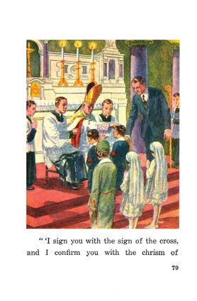 Bishop administering the Sacrament of Confirmation – illustration from Our Sacraments