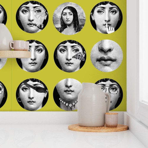 Faces of Lina Peel & Stick Wallpaper (Chartreuse or Dark Grey)