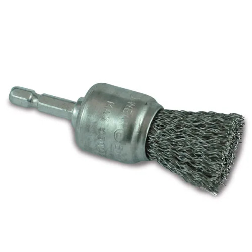 CRIMP WIRE SPINDLE MOUNTED END BRUSH 25MM, 1/4" HEX SHANK