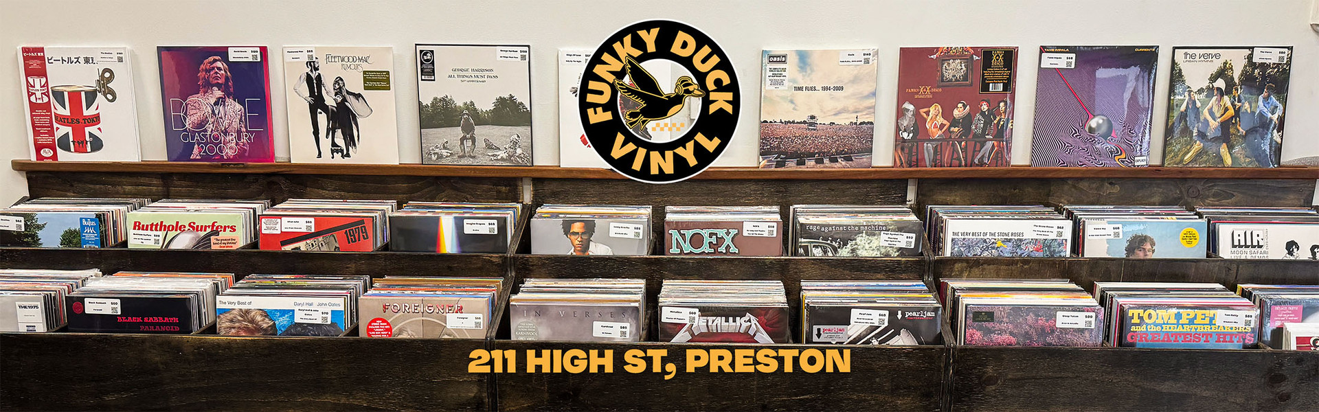 Interior of Funky Duck Vinyl record store in Preston, Melbourne with vinyl records on display