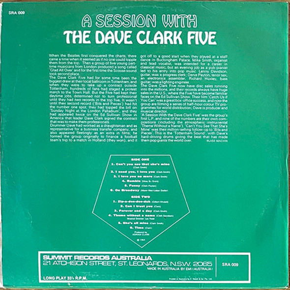 Actual image of the back cover of The Dave Clark Five's Session With The Dave Clark Five second hand vinyl record taken in our record shop