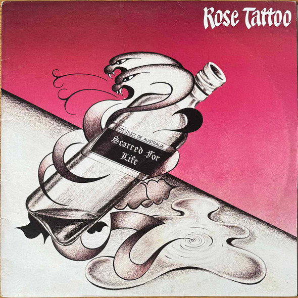 Actual image of the vinyl record album artwork of Rose Tattoo's Scarred For Life LP - taken in our Melbourne record store