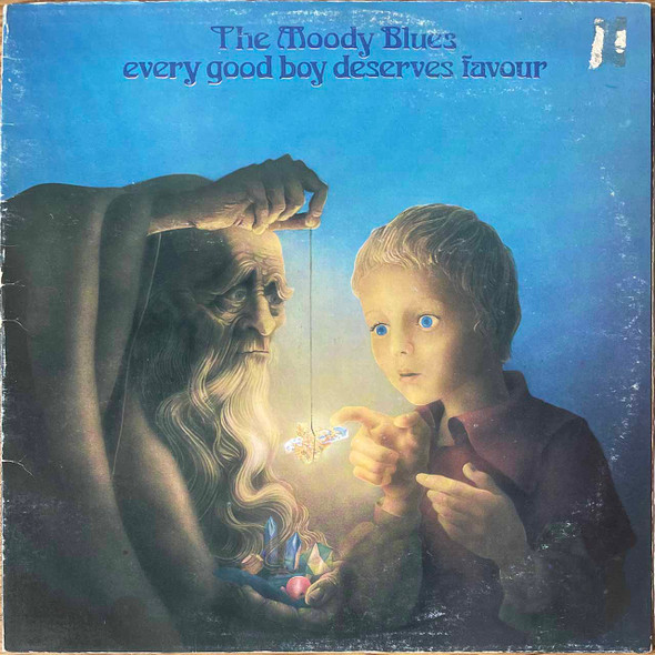 Actual image of the vinyl record album artwork of The Moody Blues's Every Good Boy Deserves Favour LP - taken in our record store