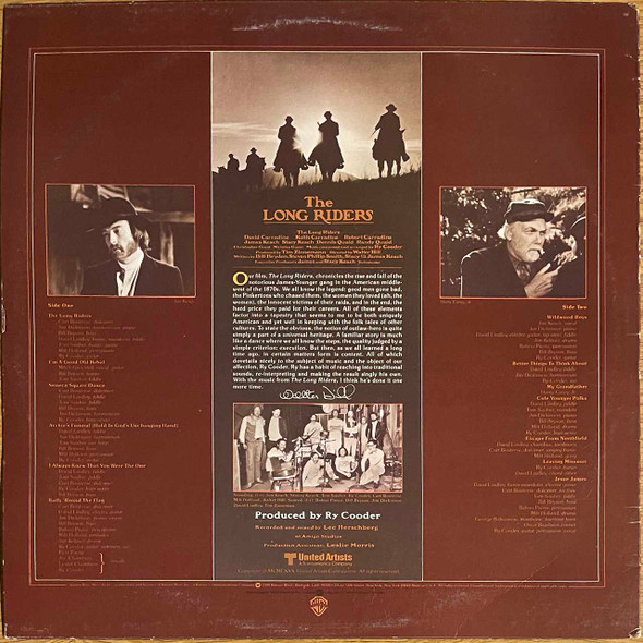 Actual image of the back cover of Ry Cooder's The Long Riders (Original Sound Track) second hand vinyl record taken in our record shop