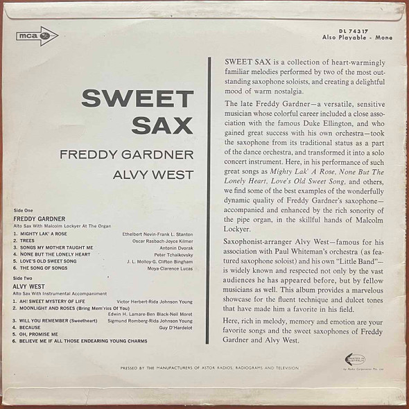 Actual image of the back cover of Freddy Gardner / Alvy West's Sweet Sax second hand vinyl record taken in our Melbourne record shop