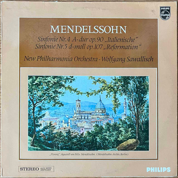 Actual image of the vinyl record album artwork of Mendelssohn's New Philharmonia Orchestra — Wolfgang Sawallisch - Symphony No. 4, Op. 90 “Italian” / Symphony No. 5, Op. 107 “Reformation” LP - taken in our Melbourne record store