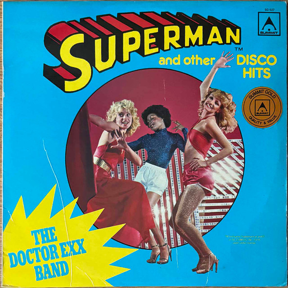 Actual image of the vinyl record album artwork of The Doctor Exx Band's Superman And Other Disco Hits LP - taken in our Melbourne record store