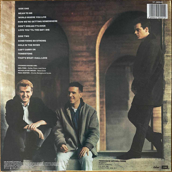 Actual image of the back cover of Crowded House's Crowded House second hand vinyl record taken in our Melbourne record shop