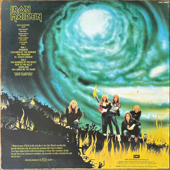 Actual image of the back cover of Iron Maiden's The Number Of The Beast second hand vinyl record taken in our Melbourne record shop