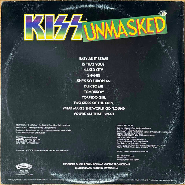 Actual image of the back cover of Kiss's Unmasked second hand vinyl record taken in our Melbourne record shop