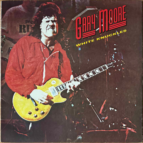 Actual image of the vinyl record album artwork of Gary Moore's White Knuckles LP - taken in our Melbourne record store