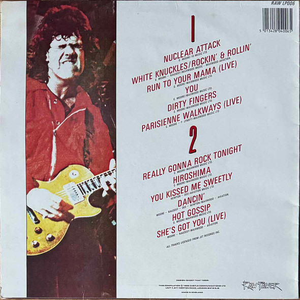 Actual image of the back cover of Gary Moore's White Knuckles second hand vinyl record taken in our Melbourne record shop
