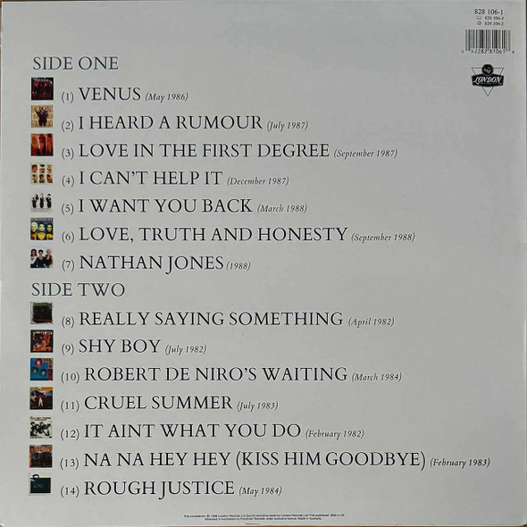 Actual image of the back cover of Bananarama's The Greatest Hits Collection second hand vinyl record taken in our Melbourne record shop