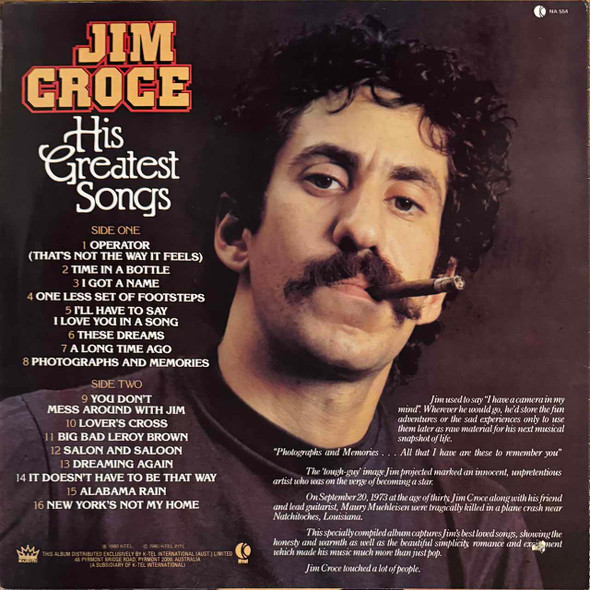 Actual image of the back cover of Jim Croce's His Greatest Songs second hand vinyl record taken in our Melbourne record shop