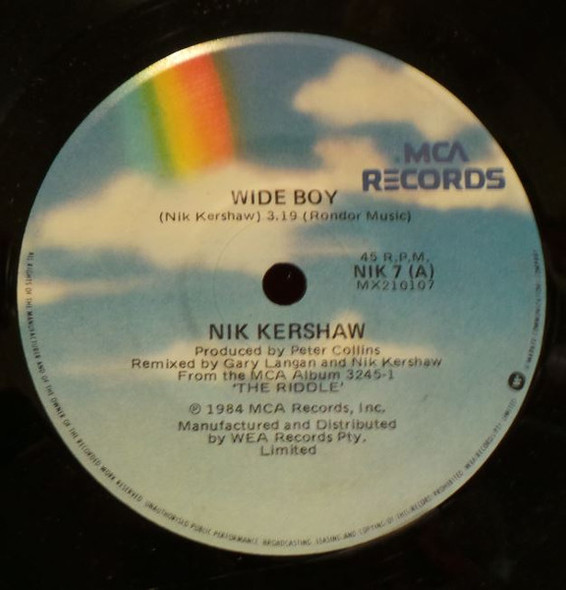 Actual image of the vinyl record album artwork of Nik Kershaw's Wide Boy LP - taken in our Melbourne record store