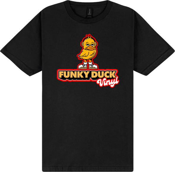 Picture of the Funky Duck Vinyl Tee shirt with the Standing Duck Logo