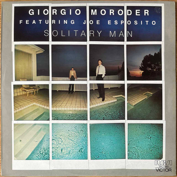 Actual image of the vinyl record album artwork of Giorgio Moroder featuring Joe Esposito's Solitary Man LP - taken in our record store