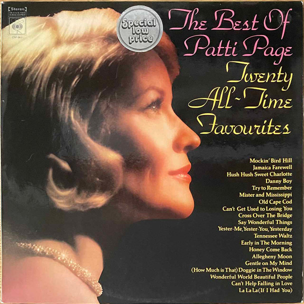 Actual image of the vinyl record album artwork of Patti Page's The Best Of Patti Page - Twenty All-time Favourites LP - taken in our record store