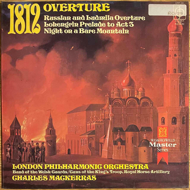 Actual image of the vinyl record album artwork of London Philharmonic Orchestra / Band Of The Welsh Guards / Guns Of The King's Troop, Royal Horse Artillery / Charles Mackerras's 1812 Overture / Russlan And Ludmila Overture / Lohengrin Prelude To Act 3 / Night On A Bare Mountain LP - taken in our record store