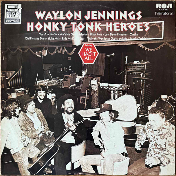 Actual image of the vinyl record album artwork of Waylon Jennings's Honky Tonk Heroes LP - taken in our Melbourne record store