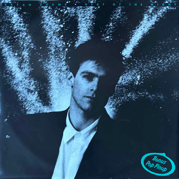 Actual image of the vinyl record album artwork of Bryan Adams's Heat Of The Night LP - taken in our Melbourne record store