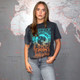 Model wearing Queens Of The Stone Age Unisex Stone Wash T-Shirt: Montage (Charcoal Grey)