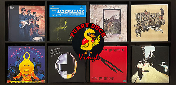 Picture of vinyl records and the Funky Duck Vinyl logo with information about our Melbourne Record Store