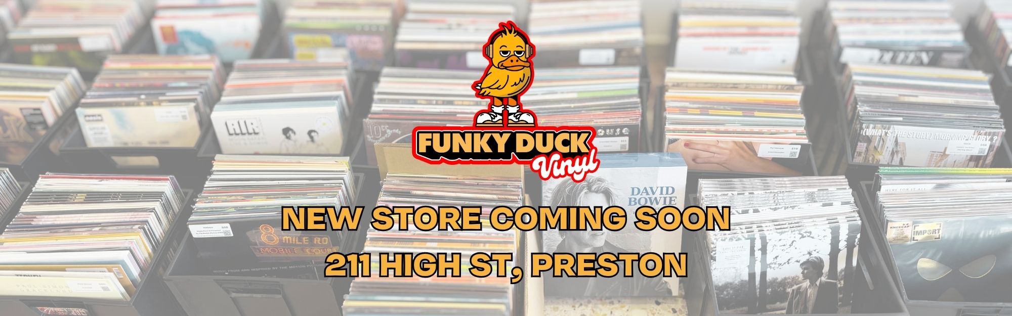 Funky Duck Vinyl website banner promoting the new record store at 211 High St, Preston Melbourne