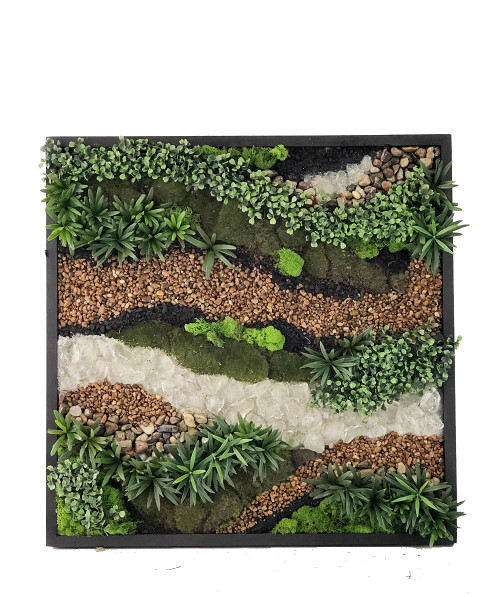 Rivers- bands of varied materials like river rock, quartz, artificial boxwood and moss. Metal frame with hanging hardware attached.