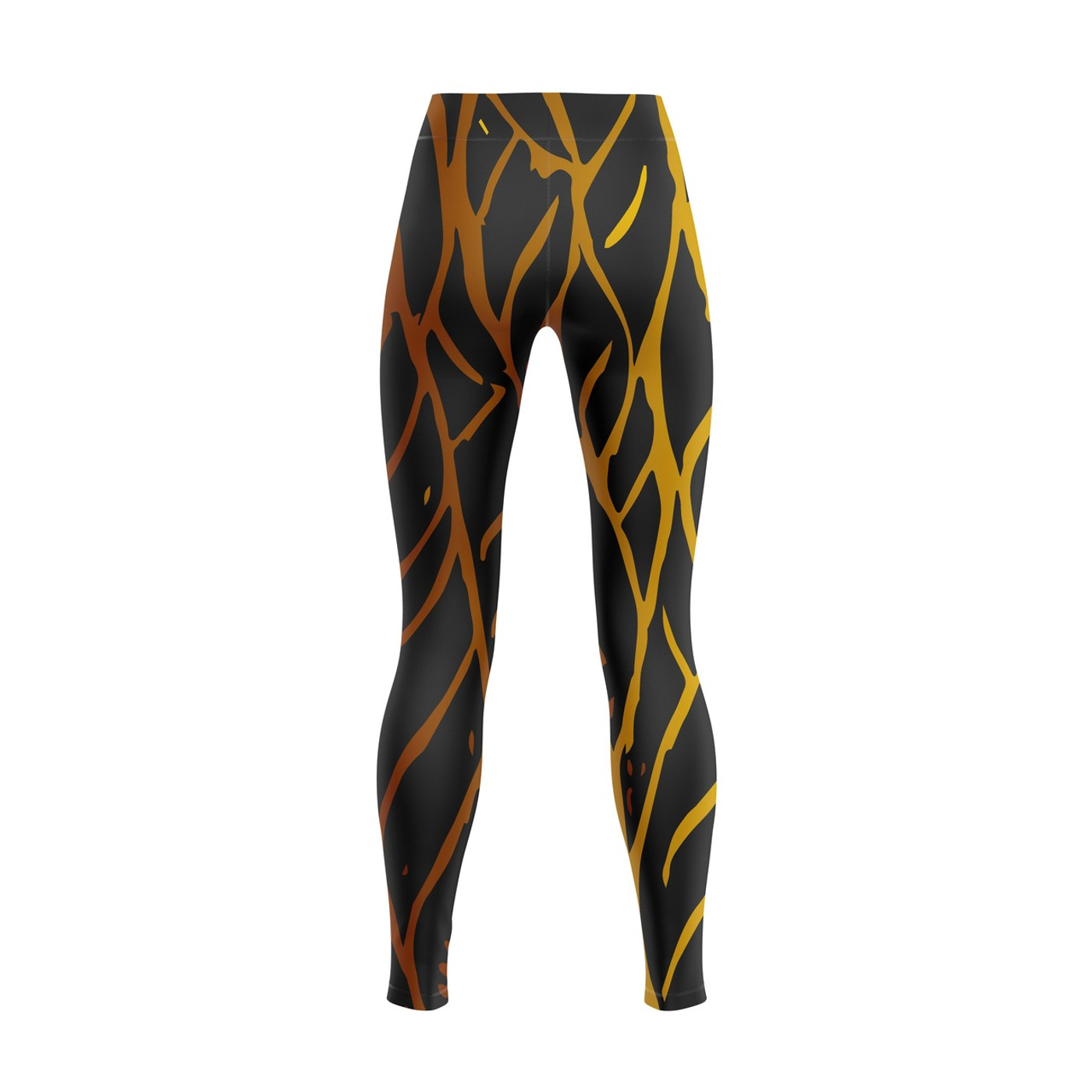 Back view of Ember Stride Women's High-Performance Leggings showing bold amber and black design