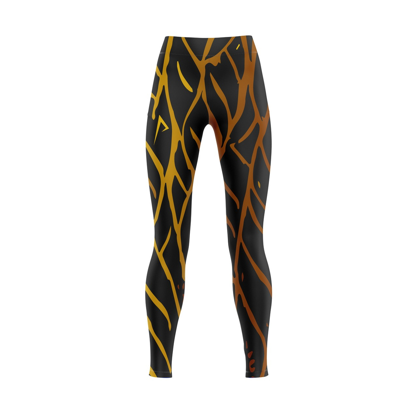 Front view of Ember Stride Women's High-Performance Leggings with fiery amber pattern