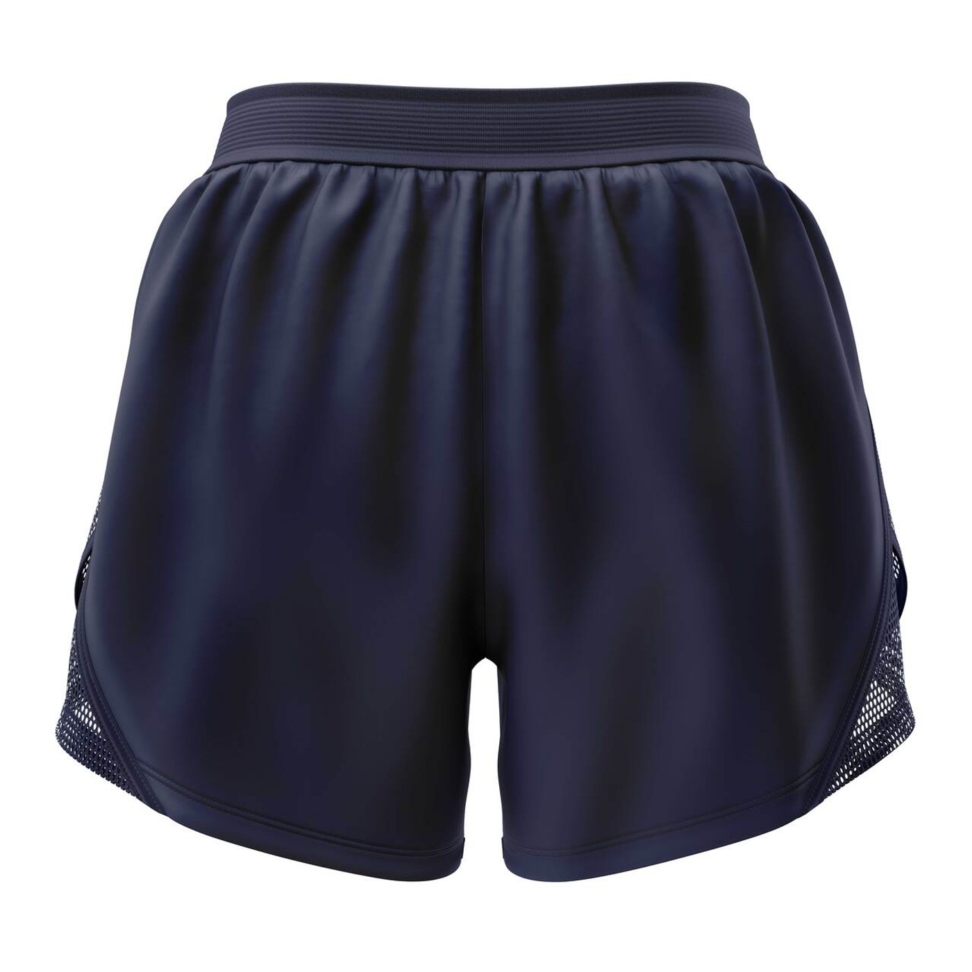Back view of navy blue athletic shorts with mesh panels for breathability.