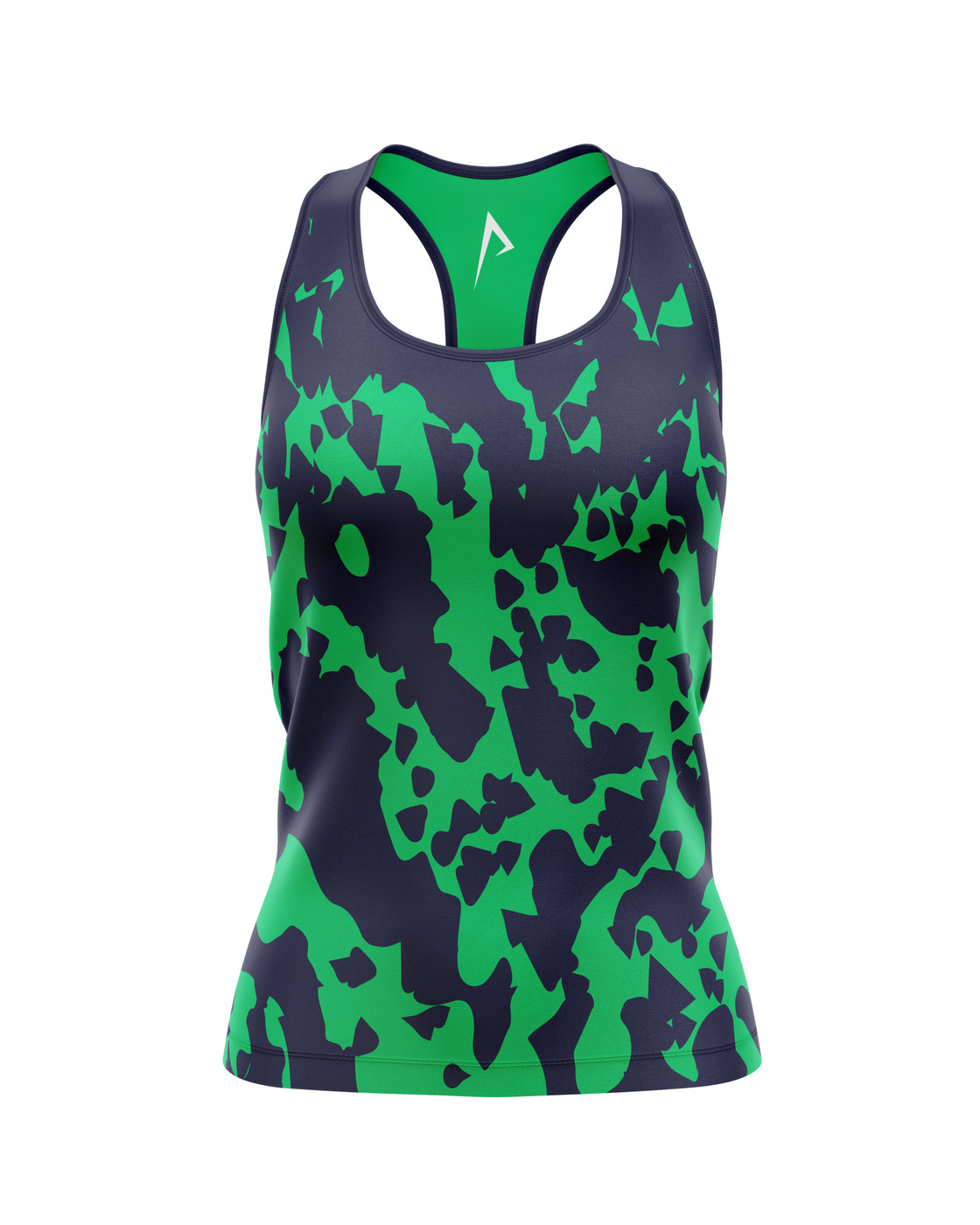 Dynamic Green Racerback Tank Top Front View - Stylish camo pattern with sporty racerback design.