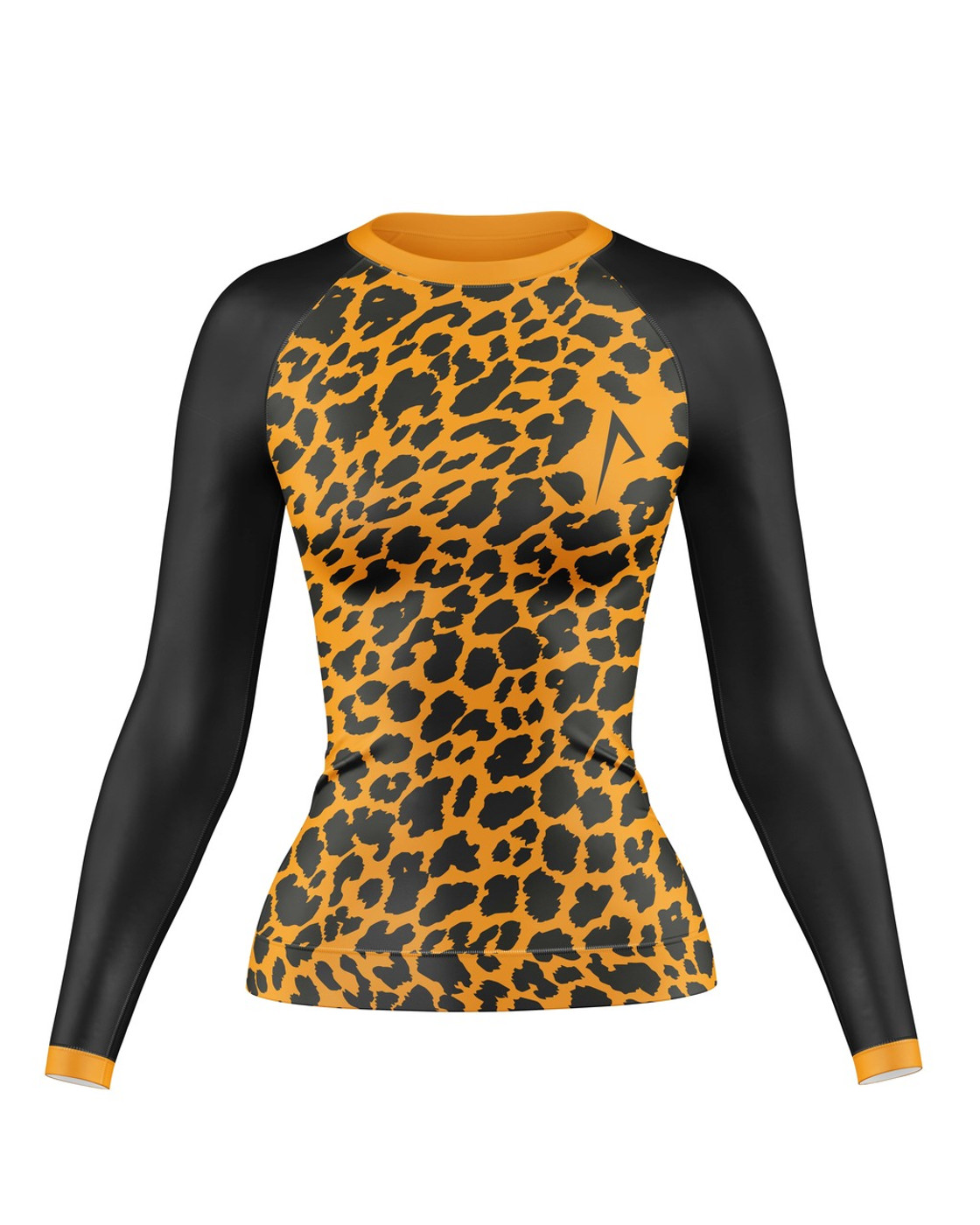 Front view of leopard print long-sleeve compression top with black sleeves.