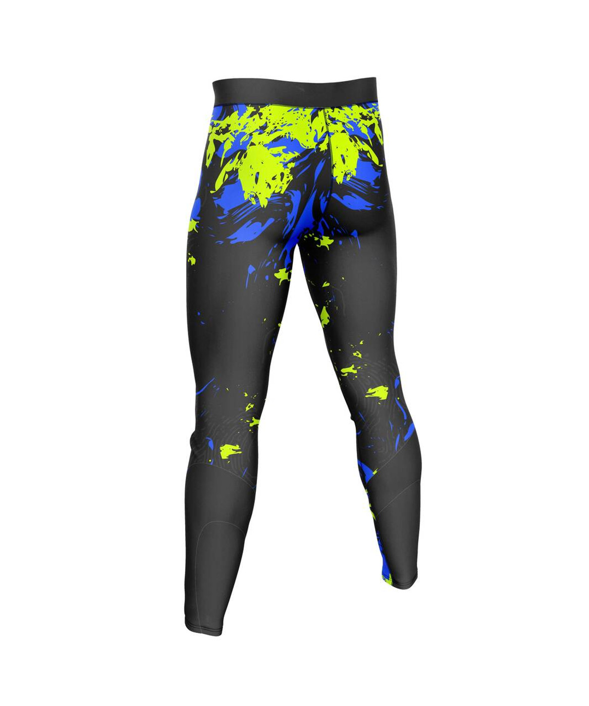 Blue and yellow splatter compression leggings with a vibrant pattern designed for athletic performance and comfort.