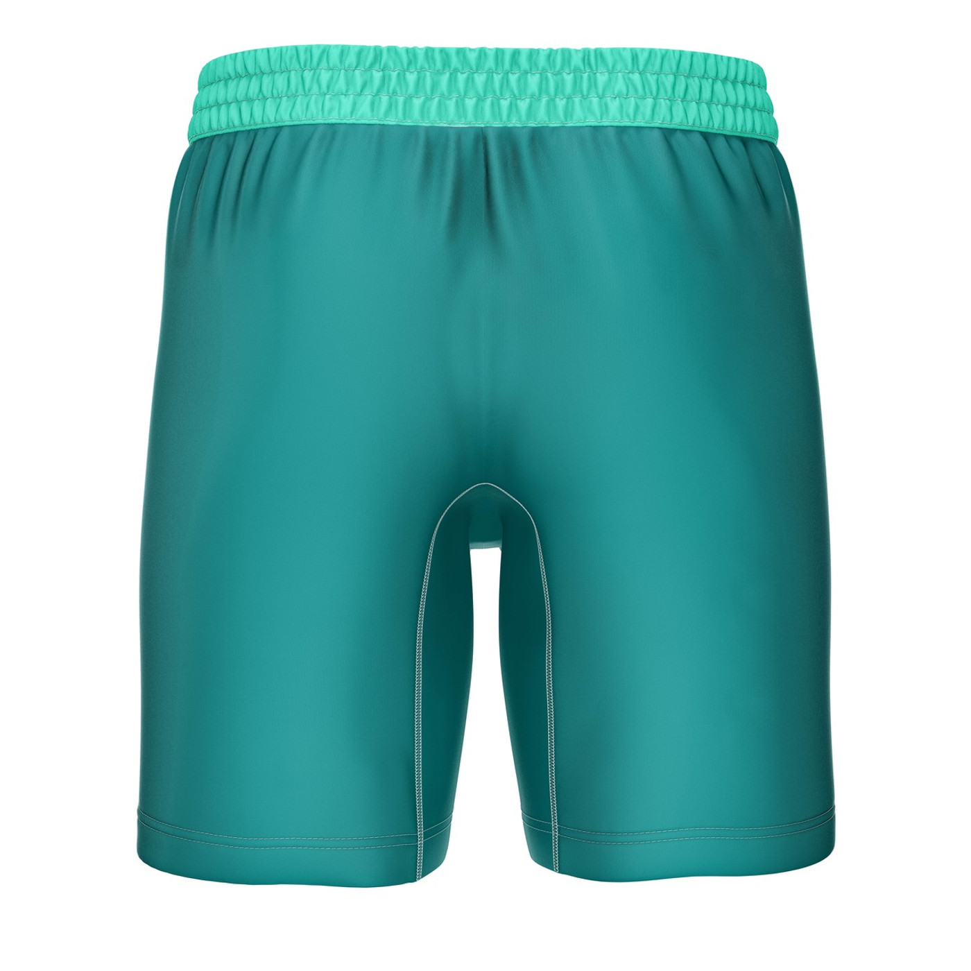 Teal performance shorts featuring a sleek design with elastic waistband and modern geometric accents - Back View