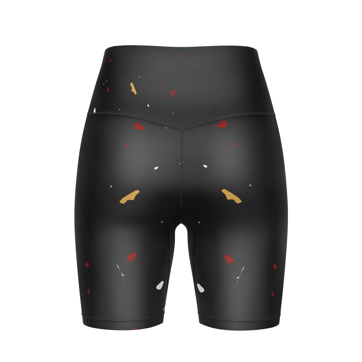 Back view of Women's High-Waisted Compression Shorts showcasing a sleek black base with scattered abstract patterns.