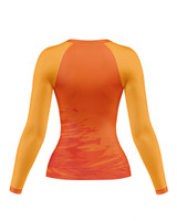 Vibrant orange and white long-sleeve rash guard with fiery gradient pattern, back view.
