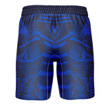 Back view of men's athletic shorts featuring urban blue design.