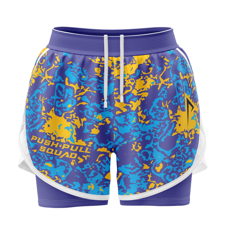 Front view of Vibrant Splatter Dual-Layer Training Shorts featuring blue, yellow, and white splatter design.